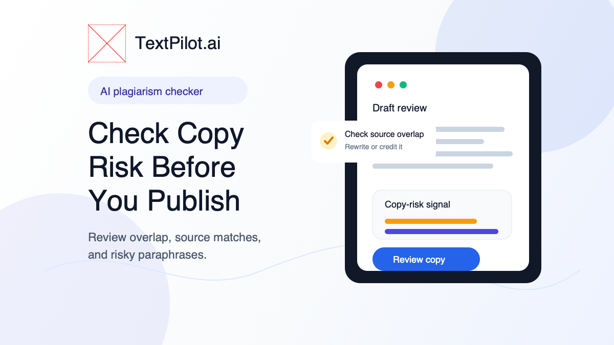 TextPilot.ai AI plagiarism checker thumbnail showing a copy-risk review before publishing.