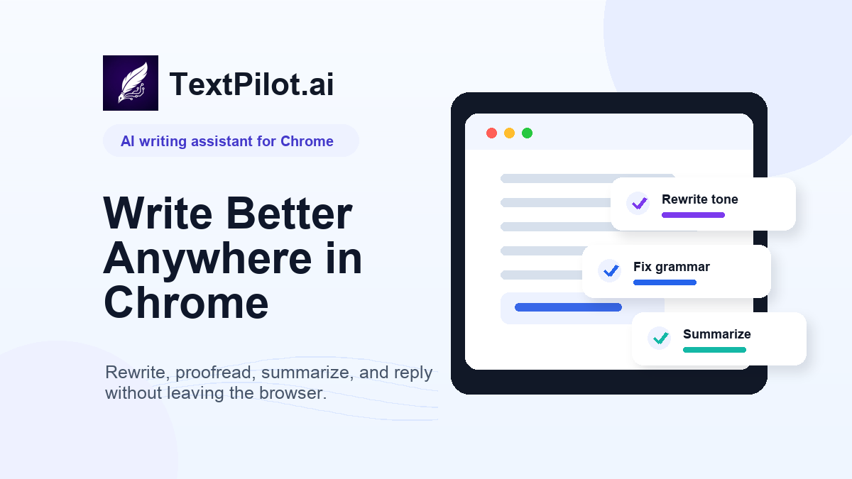 TextPilot.ai AI writing assistant for Chrome thumbnail showing browser writing workflows for rewrite, grammar, summary, and replies.