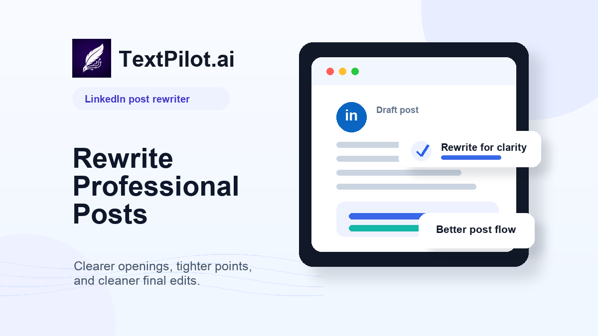 TextPilot.ai LinkedIn post rewriter thumbnail showing clearer professional post edits in the browser.