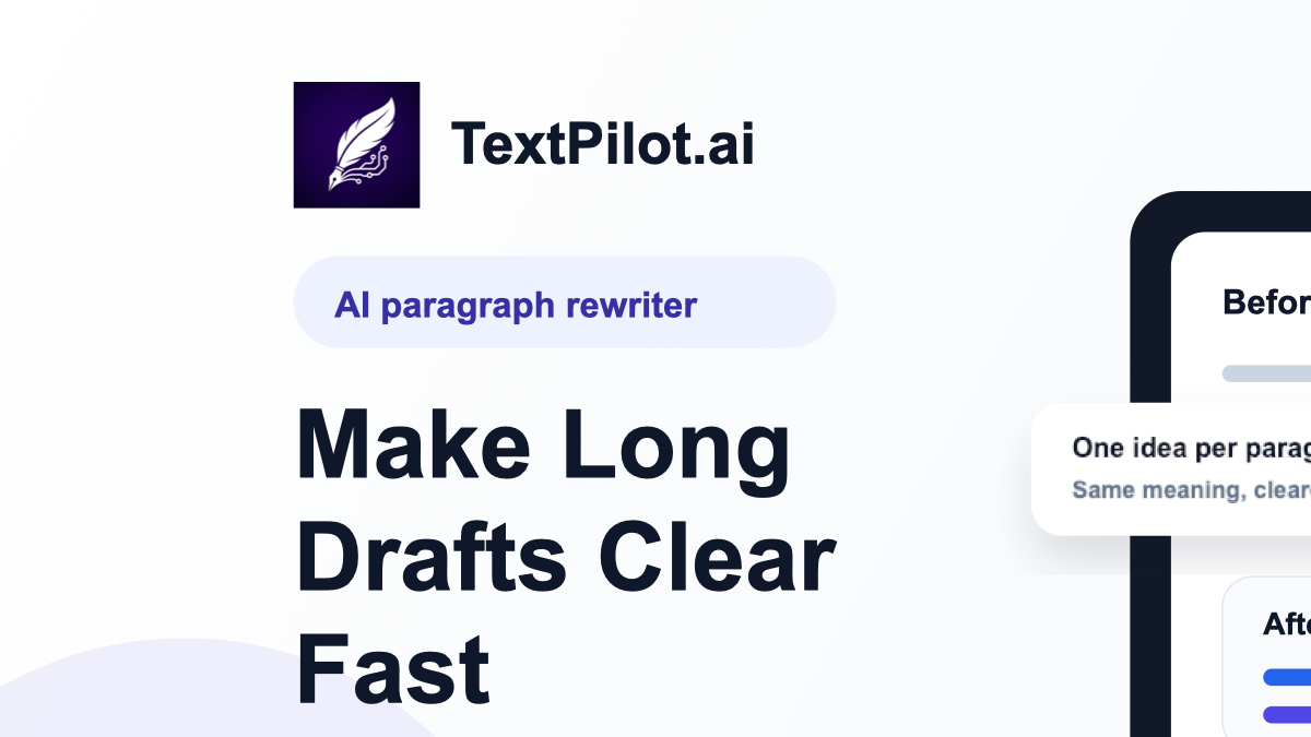 TextPilot.ai AI paragraph rewriter thumbnail showing a long paragraph rewritten into clearer browser text.